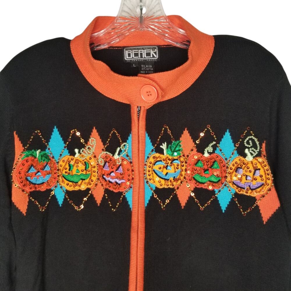 Berek 2 Takako Sakon Halloween Sweater Large Beaded Pumpkins Jack o Lantern Y2K